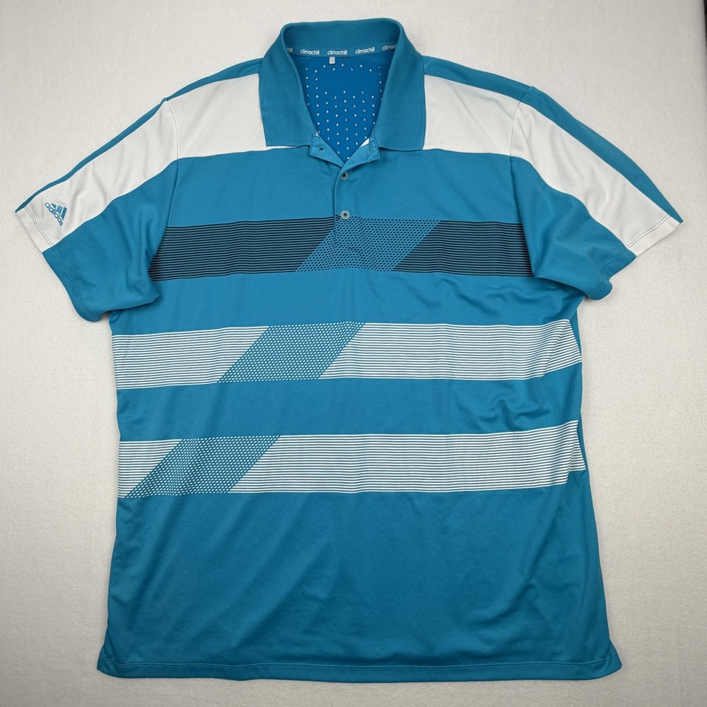 Adidas Mens Climachill Golf Polo Shirt Blue White Striped Performance Size L